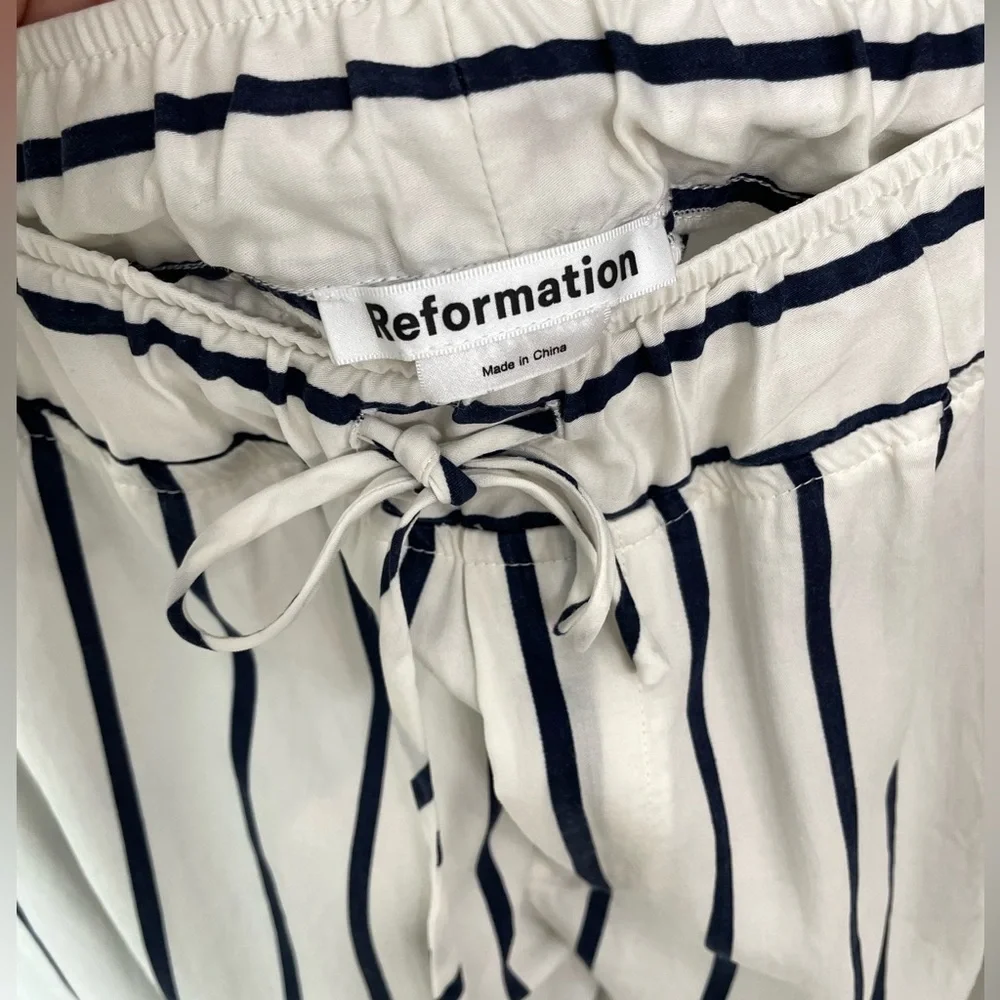 Reformation Pull On Drawstring Waist Striped Tencel Pants White & Navy Size S - Picture 2 of 5
